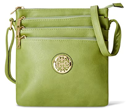 Woodland Leather Crossbody-Taschen für Damen, Multi-Reißverschluss, geräumige Umhängetasche für Damen mit verstellbarem Crossbody-Riemen, grün, H26cmxW23cmxD9cm