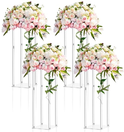 Geetery 4 Pieces Tall Acrylic Vase Wedding Centerpieces Clear Flower Stand Column Geometric Floral Vase Elegant Display Holder for Birthday Party Wedding Table Decorations (20 Inch)
