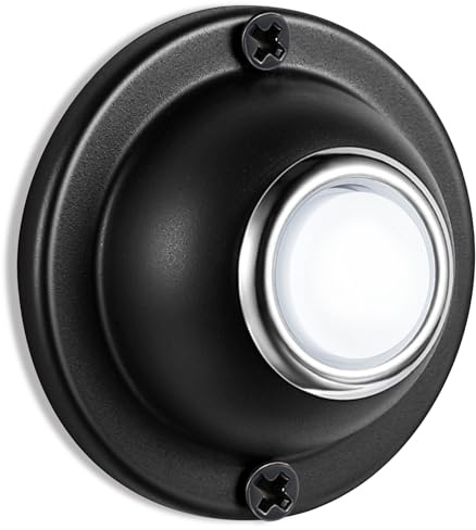 Dreyoo Door Bell Button, Round Metal Doorbell Button Wired Lighted Up LED Door Buttons Replacement Solid Iron Doorbell for Home Front Doors, White Light(Black)