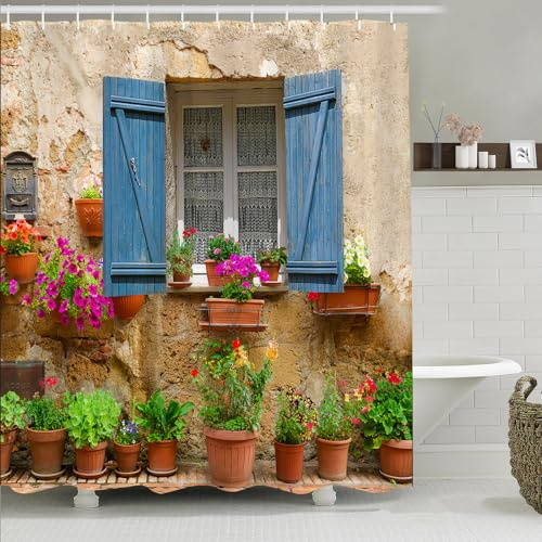 Simpomsy European Shower Curtain Nature Scene 3d Print Greek Shower Curtain Polyester Fabric Bath Curtain Curtains Bathroom Fabric Shower Street View with 12 Hooks 150x180cm