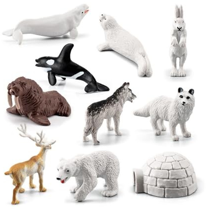XIZHI 10 Mini Arctic Animals Figurines - Realistic PVC Bear, Seal, Reindeer, Wolf, Rabbit, Arctic Fox, Igloo Decor for Kids' Parties
