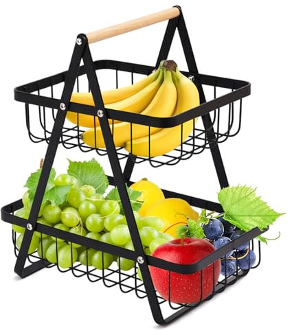 GEMMAHW Frutero 2 Pisos, Metal Alambre Cesta de Frutas y Verduras, Fruteros de Cocina con Mango de Madera, para Frutas y Verduras (Negro)