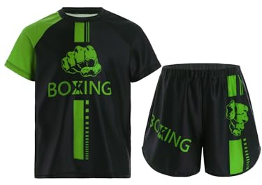 Freebily Boxare Träningsdräkt för barn och pojkar Muay Thailändsk MMA Kampsport Boxning Kortärmad T-shirt + Kick-Thai-shorts Tracksuit, Grön, 9-10 anni