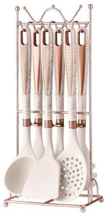 AVEKI Lot de 7 ustensiles de cuisine en silicone avec support, sans BPA et résistant à la chaleur, pour ustensiles de cuisson antiadhésifs (Blanc)