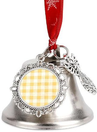 Adorno de campana de Navidad con diseño de cuadros en amarillo limón pastel para colgar en el árbol de Navidad