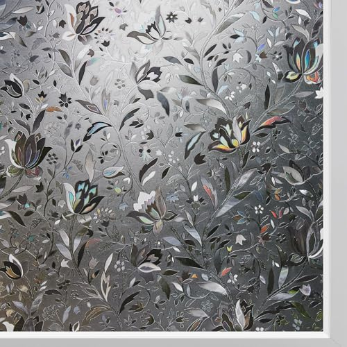 KROMAPOLIS Black Blackout Window Film Covering Frosted Glass Film Privacy Film Anti-UV Rainbow Effect Sun Block Static No Glue Self-Adhesive Vinyl Tulip Pattern Decorative For Bathroom Home-44.5x200cm