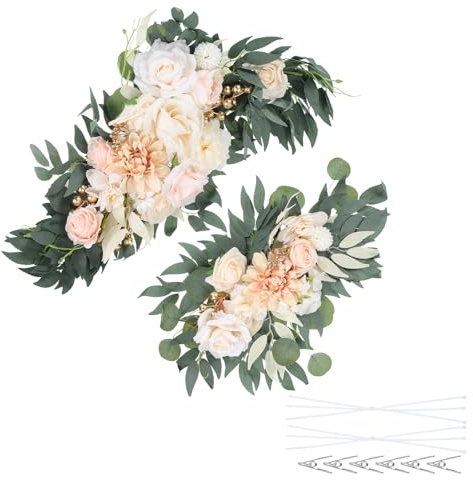 PATIKIL Arco Nuziale Fiori, 2Pcs Fiori Artificiali Seta Finta Rosa Ghirlanda Floreale Sfondi Con Foglie Fascia Clip per Benvenuto Segno Cerimonia Ricevimento Decor, Champagne/Crema