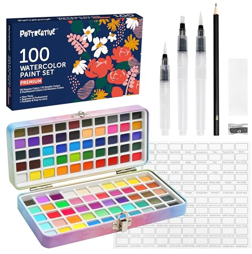 POTTREATIVE Aquarellfarben Set 100 Farben mit tragbarem Etui Ungiftiges Wasserfarben-Set Inklusive Zeichenstift, Pinsel und Stift für Künstler und Hobbyisten