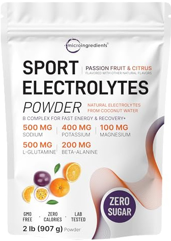 Micro Ingredients Electrolytes Powder, 2 lbs | 95 Servings | Sugar Free Workout Hydration | Potassium, Sodium, L-Glutamine, Beta-Alanine, & More | Natural Coconut Water | Passion Fruit & Citrus Flavor