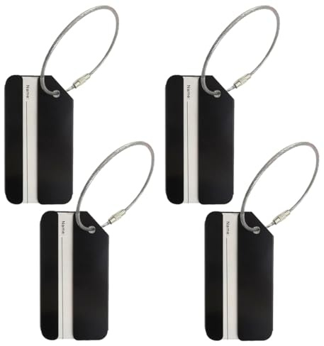 GNALIA Etiquetas Para Maletas 4 Unidades Negro Aleación Aluminio Dimensiones 8Cm X 4Cm Con Cable Acero Tarjeta Identificación Equipaje Viaje