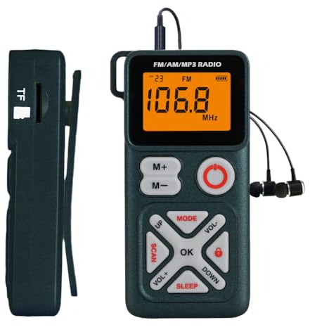 Pocket am fm Radio Portable with Stereo Headphones, Mini Transistor Radio Digital Tuning with Excellent Reception, TF Slot, USB-C Rechargeable Battery Operated, Belt Clip for Walking, Jogging (Green)
