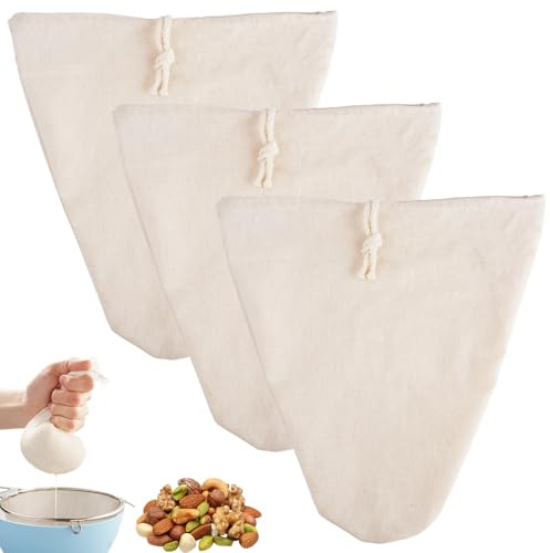 3 Pezzi Sacchetto Filtro per Latte Di Mandorle,30 x 30 cm Sacchetti di Latte di Noci, in Cotone Naturale e Lino, Sacchetto Filtrante Latte Vegetale a Forma di V Riutilizzabile con Cordoncino