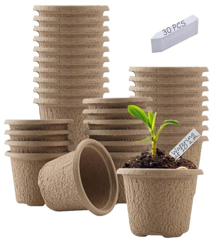 Wuzdy 30 Piezas Semilleros Macetas, Macetas Ecologicas Pequeñas, Bandejas para Semillas De Fibra, con 30 Etiquetas De Plástico, para El Cultivo De Plantas, Semillas, Flores, Frutas y Verduras
