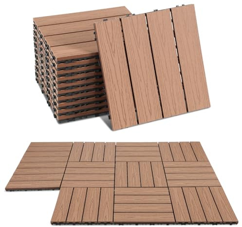 Jaxguom WPC terrassplattor 30 x 30 cm, 44 stycken klickplattor balkong för 4 m², balkong golvbeläggning väderbeständig, terrassplattor klicksystem vattentät, träplattor brun