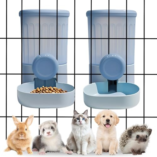 2 Pcs Rabbit Food Dispenser 1000ml, Hanging Automatic Food 800ml Feeder Water Bottle Set for Cage Feeding Station for Small Dog Cat Kitten Bunny Guinea Pig Ferret