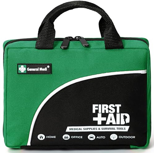 General Medi 160 Piece Compact First Aid Kit Bag - Including Cold (Ice) Pack, Emergency Blanket, Moleskin Pad,Perfect for Travel, Home, Office, Car, Camping, Workplace (Green)