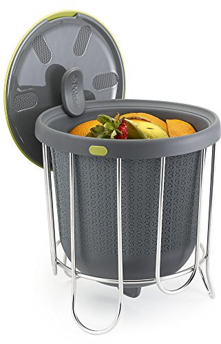 Polder Kitchen Composter-Flexible Silicone Bucket inverts for Emptying and Cleaning - no Need to Touch Contents- Adjustable lid for Ventilation & Airflow Control, Gray/Green