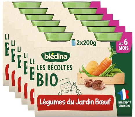Blédina Les Récoltes Bio, Petits pots bébé Bio, Dès 6 Mois, Légumes du Jardin, Boeuf, 12x200g