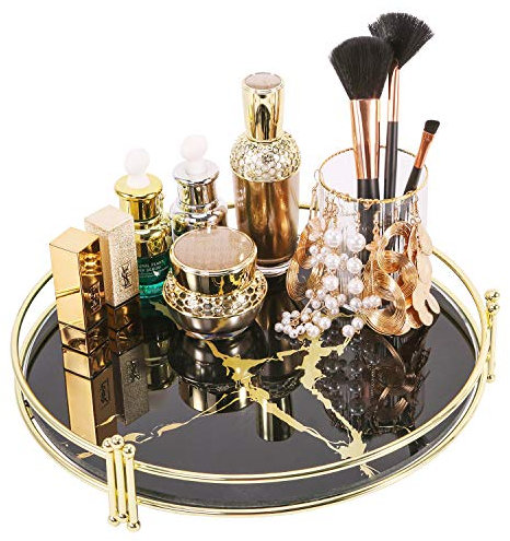 Simmer Stone Makeup Organizer Tray, Decorative Glass Vanity Tray, Round Cosmetic Storage for Jewelry, Makeup, Perfume, Decor and More, Size 11.5”, Black Marbling