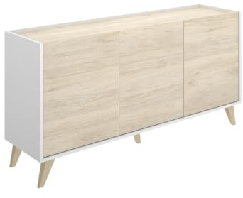 DEKIT GRUPO RIMOBEL NESS - APARADOR DE 3 PUERTAS CON PATAS ESTILO NORDICAS - 75x155x43 cm - BLANCO / NATURAL