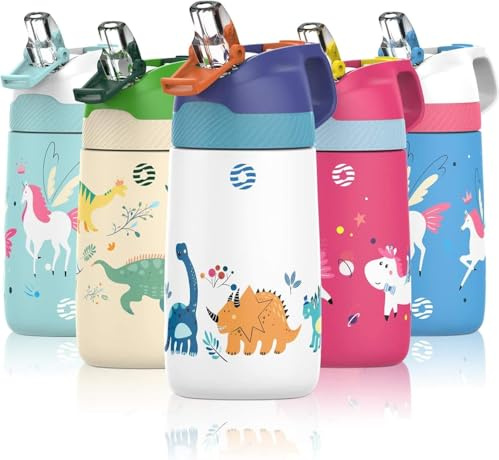 FEIJIAN Botella Agua Acero Inoxidable Niños Sin BPA/Sin Fugas, 350ML Botella Termica con Pajita Doble Pared, Botellas de Frío/Caliente Reutilizable para Colegio