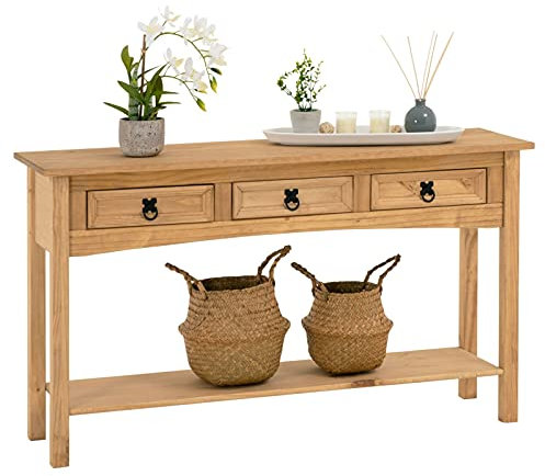 CARO-Möbel Konsolentisch Salsa im Mexiko Stil, Beistelltisch aus Kiefer massiv, gebeizt gewachst mit 3 Schubladen, 1 Ablageboden