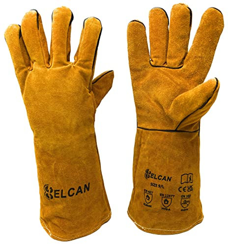ELCAN Professional gants de soudage en cuir noir ignifuge résistant à la chaleur, vêtements de travail pour le soudage à l'électrode, TIG, MIG, MAG, barbecues, cheminées, fours...