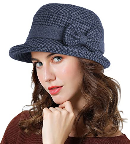 Adigaber Damen Glockenhut Warme Weiche Fedora Rundhut Kirche Hüte mit Schleife Blumen Einstellbar