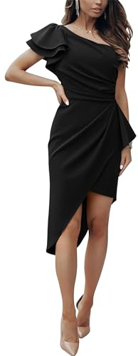 BTFBM One Shoulder Cocktail Dresses for Women 2026 Elegant Summer Ruffle Sleeve Wrap Ruched Formal Wedding Guest Dress(Black, Large)