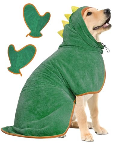 Hundebademantel Schnell Trocknend Badetuch aus Mikrofaser, Bibykivn Einstellbar Hundehandtuch mit Klettverschluss, Saugfähiger Hunde Bademantel mit Hut für Große Mittlere Hunde (L, Grün)