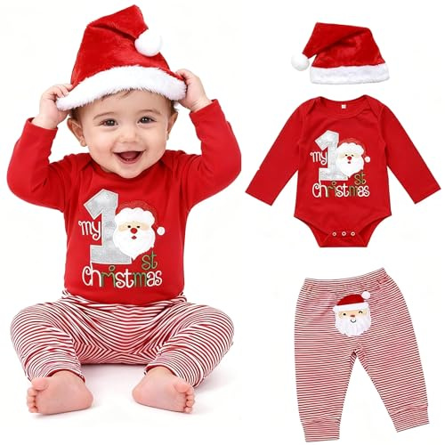 DaceStar Disfraz Navidad Bebe Ropa Navidad Bebe Traje Bebé la Primera Navideña Pijama Navidad Bebé Body + Pantalón + Gorro Disfraz Recien Nacido Navideña 6-12 Meses