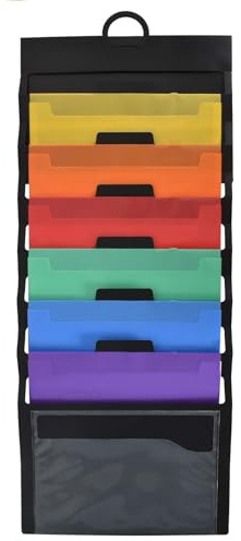 Colexy Hanging Wall File Folder Organiser, A4 Cascading Magazine Chart Storage Pockets, Hanging Wall File Organizer with 6 Large Pockets for School Office Paper, Document, Mails, Books