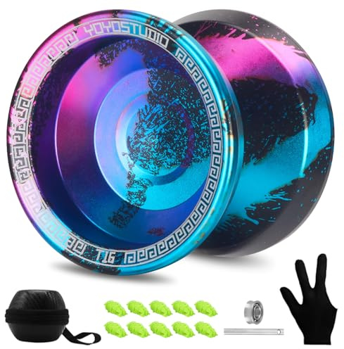 YOYOSTUDIO T16 Responsive Yoyo Professional, Dual Purpose Yoyo for Kids Beginner, Unresponsive Yo yo for Adults with Removal Bearing Tool, 10 Yo-Yo Strings, Case & Glove (Black Blue Pink)