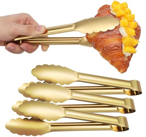 Cabilock 4-Pack Gold Serving Tongs – 9 Inch Stainless Steel Flower-Head Food Tongs for Afternoon Tea, Salad & Buffets, Elegant Metal Starters & BBQ Grippers for Wedding Hosting (Golden)