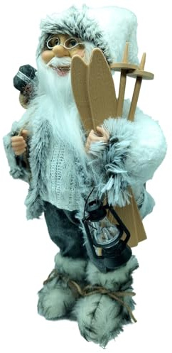 Acan Tradineur - Figura de Papá Noel con esquís, poliéster y plástico, Santa Claus de pie, decoración Festiva, Adornos Navidad, escaparates, hogar (Gris - 40 cm)