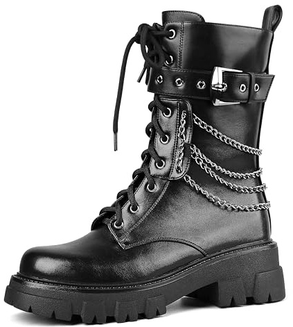 SHEOMSIE Motorcycle Boots for Women Combat Boots Lace Up Chains Ankle Boots Platform Round Toe Booties Black Goth Boots Zipper Chunky Biker Boots Fashion Punk Short Boots
