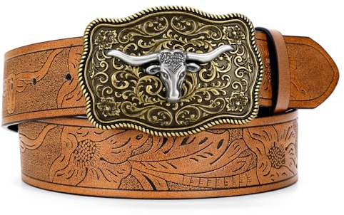 SUOSDEY Western cowboy läderbälten för män kvinnor Texas långhorn tjurspänne blommig graverat präglat läderbälte för jeans, Brun (guldspänne), Fit waist size 35-38