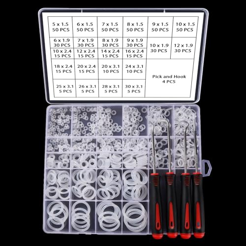 YIXISI 610 Pezzi 24 Misure Bianco O-ring Assortimento Kit, O-ring Silicone Guarnizioni di Tenuta, con Ganci per Paraolio, per Aria Condizionata, Automobile, Impianti Idraulici