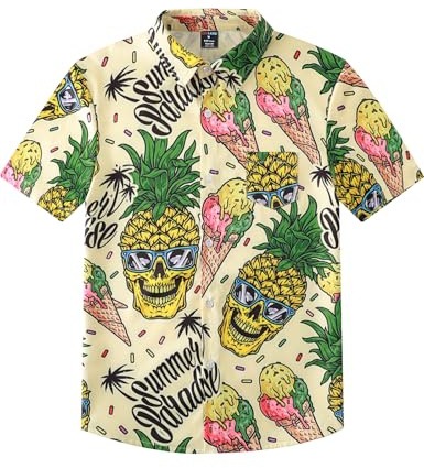MOMBEBE COSLAND Camisa Hawaiana para Niños, Estampado de Piñas, 7-8 Años(Small)