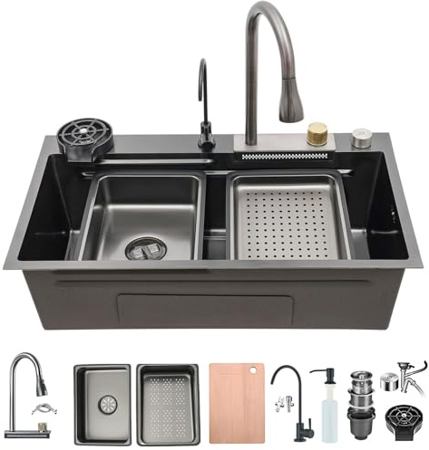 Cascata Lavello Cucina Acciaio Inox Set, Lavandino Cucina Multifunzione, Rubinetto A Cascata A Led, Lavello A Cascata Digitale Con Lavatazze, Dispenser Di Sapone(Black-Grey#1,68x45cm)