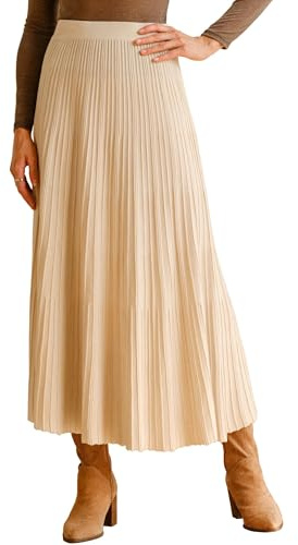 Arach&Cloz Womens Wool Blend Fall Winter Elastic Waist Pleated A-Line Knit Maxi Midi Dress Long Skirts Flowy Casual Teacher Western Travel Country Concert Outfits Apricot L