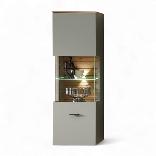 Stella Trading INA Hängevitrine in Schilfgrün, Artisan Eiche Optik FSC-Zertifiziert - Moderner Hängeschrank mit LED-Beleuchtung und viel Stauraum - 40 x 124 x 36 cm (B/H/T)