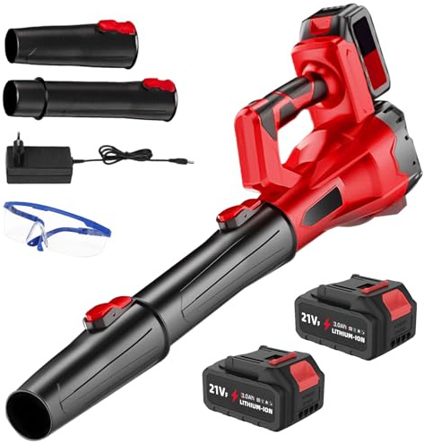 Soplador de batería de 21 V – Soplador de hojas inalámbrico con batería y cargador de 60 m/s 0-40,000r/min/6 velocidades/portátil para jardines, patio, hoja, nieve (B-13,000 mah*2)