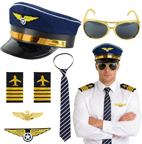 Set di 7 Accessori per Costume da Pilota di Linea Aerea, Cappello da Capitano, Cravatta, Occhiali da Sole, Pin, Badge, Spalline a Strisce, Costume da Pilota Aviatore per Feste a Tema, Cosplay