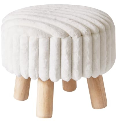 Aibiju Pouf Ottoman avec Rangement, Pouf Rond en Velours avec Pieds en Bois, Petite Table, Repose-Pieds, Siège D'appoint pour Entrée, Salon, Chambre, Blanc YD-JD153W