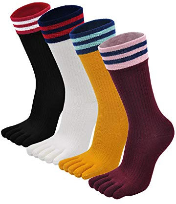 Zehensocken Damen Fünf Finger Socken aus Baumwolle, Damen Sneaker Socken mit Zehen für Sport Laufende Freizeit, atmungsaktive und bunte Socken, 4/5 Paare, Klassische Muster - 4 Paare, EU 36-41