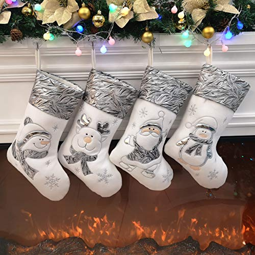 BSTAOFY Christmas Stockings Set of 4 Soft Non-Woven Patterned Santa Claus Animals Socks for Assorted Xmas Tree Hanging Decor Party Ornaments Gifts Kids, Silver