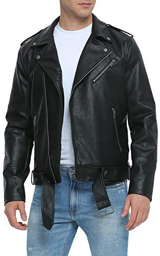 Fahsyee Leather Jackets for Men, Faux Bomber Jacket Mens Motorcycle Lapel Asymmetric Zip-Up Belt Slim Fit Biker Coat Black XL