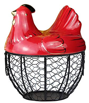 Porta uova a forma di gallina, in ceramica e rete metallica, elemento decorativo da cucina, per contenere uova, snack, frutta, colore: nero e rosso