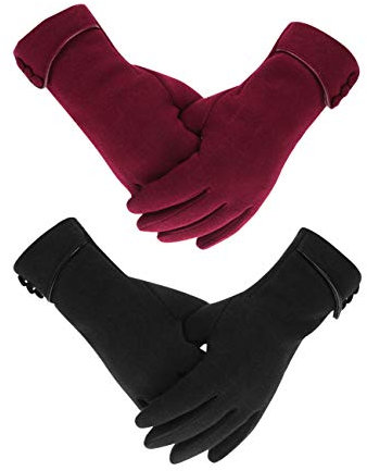 LAMA 2 Paar Damen Winter Touchscreen Handschuhe - Warmer Plüsch Gefüttert Winddicht Dicke Winterhandschuhe für Frauen und Mädchen - Schwarz + Rot